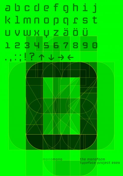 Poster series for the Monoform Typeface Project 2020. The Monoform Typeface Project is based on minimalist and systematic basic shapes to combine different slim and wide typefaces with the same line width.  No more and no less. This font opens up new possibilities for dynamic word design with the same characteristic style. Design by Klaus Hesse ©2020